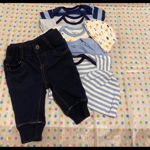 Baby Gap Navy Pants, 5 Gerber Baby Onesies, 2 hats